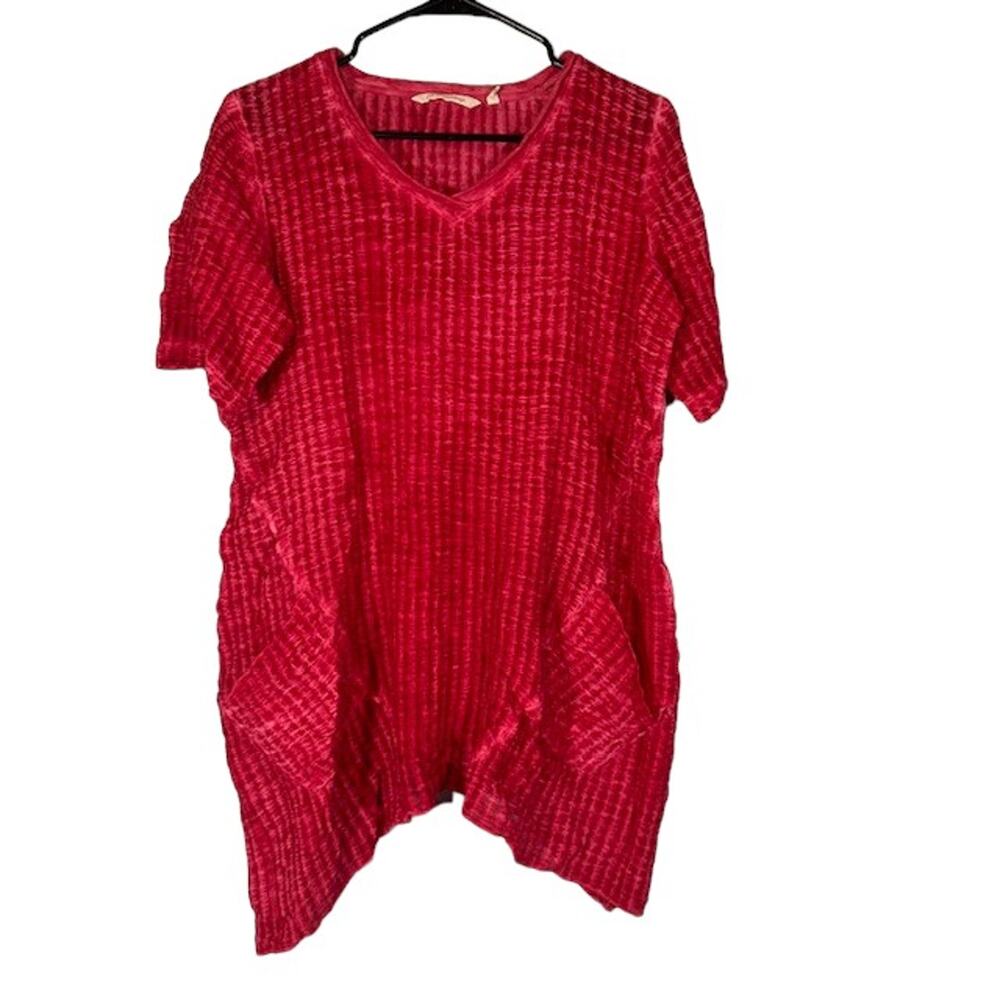 Soft Surroundings Red Short Sleeve Textured Asymmetrical Hem Blouse Women Sz S